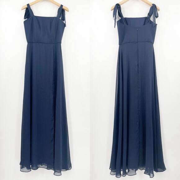 DESSY COLLECTION Dress Tie Chiffon Bridesmaid Gown Maxi Prom Navy Bridal SZ 4 - Picture 3 of 16